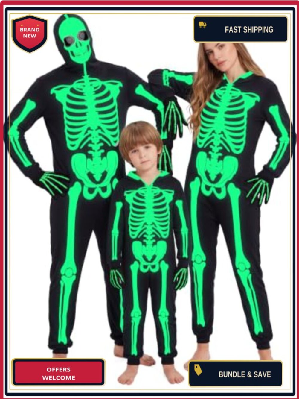 Glow in the Dark Skeleton Jumpsuit Costume with Gloves Hooded Halloween Cosplay